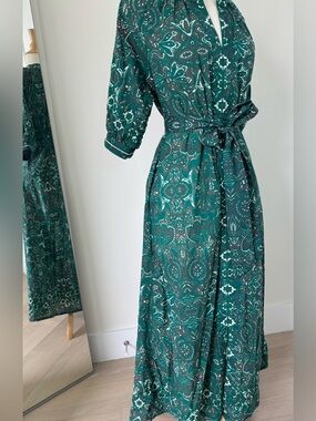 Julia Amory Cordelia Coatue Green Embroidered Midi Puff Sleeve Dress Size M